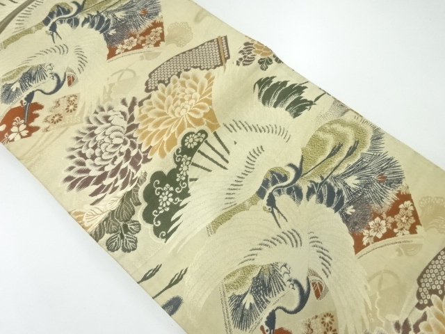 アンティーク　鶴に牡丹模様織出し丸帯（材料）